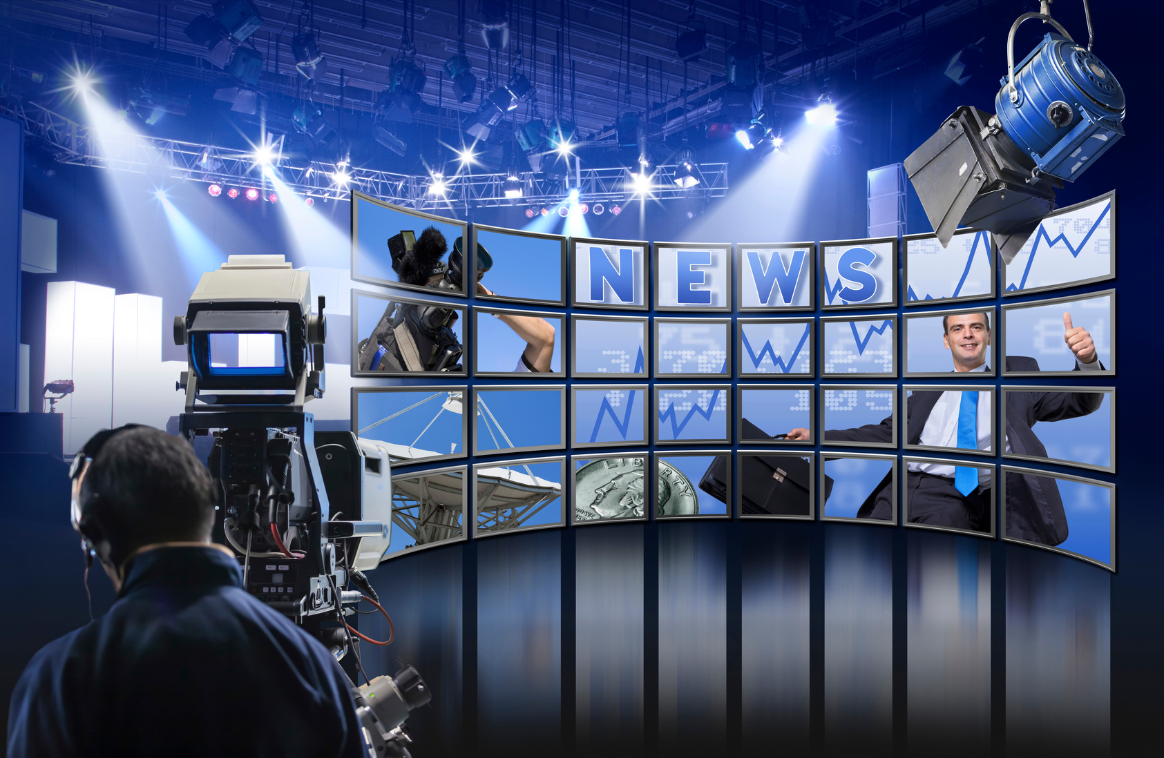 Video wall with TV Screens showing News in Studio broadcasting