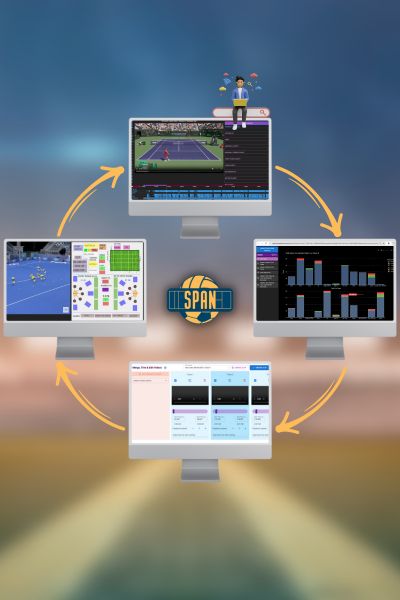 SPAN(sports performance analysis) features including sports tagging, video annotation, scoring apps, video-linked charts, tournament management, and CSV/XML integration.