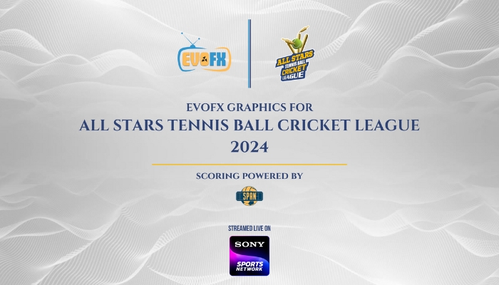 EvoFX – Sports Broadcast Graphics used in All Stars Tennis Ball Cricket League for live scoring, sponsor logos, and broadcast graphics.