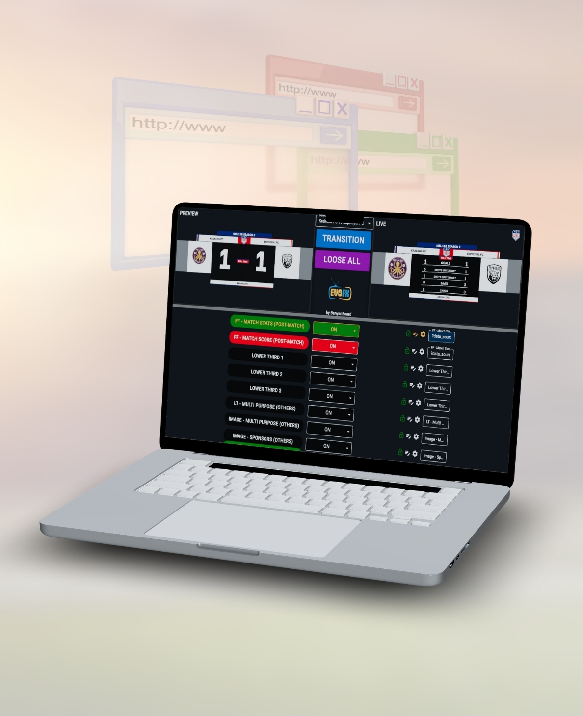Cloud-based sports broadcast and analytics software with no installation required and lifetime upgrades.