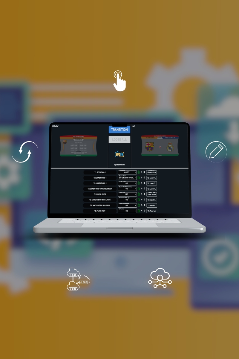 EZGrafix (Plug n Play Sports Broadcast Graphics) producer control panel showcasing theme-based graphics, Google Sheets integration, HTML browser overlays, and customizable lower thirds for live sports broadcasting.